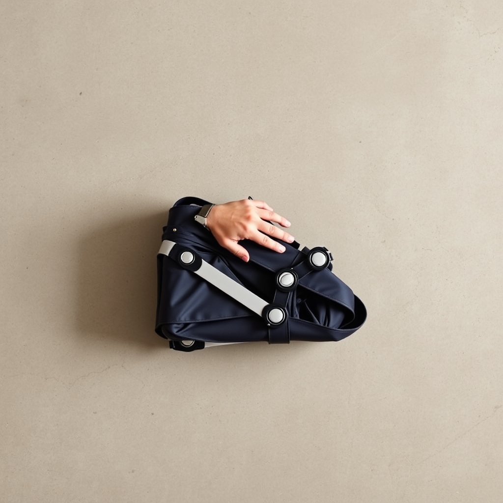compact stroller — Folded compact stroller viewed from above beside an adult hand, showing the stroller's small footprint and single-hand scale.