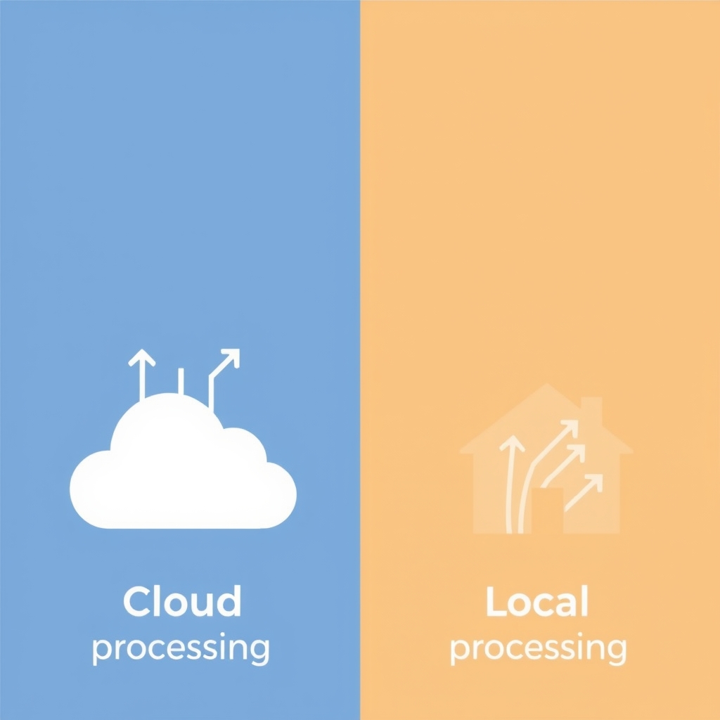 consumer tech privacy concerns — Side-by-side diagram contrasting cloud processing (data flowing to cloud) versus local processing (data contained within home).