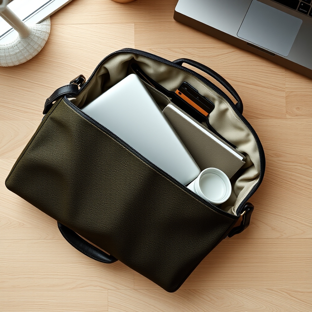 cruelty-free handbags — Open mycelium leather structured briefcase on an oak desk containing a laptop, notebook, and coffee cup in organized compartments.