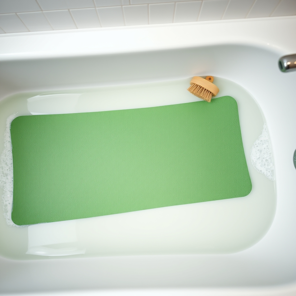 deep clean yoga mat — Green yoga mat submerged in a few inches of soapy water in a white bathtub with a soft brush resting on the tub edge.