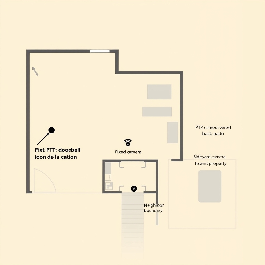DIY security system setup — Bird's-eye floor plan of home showing recommended camera placement locations around exterior perimeter.