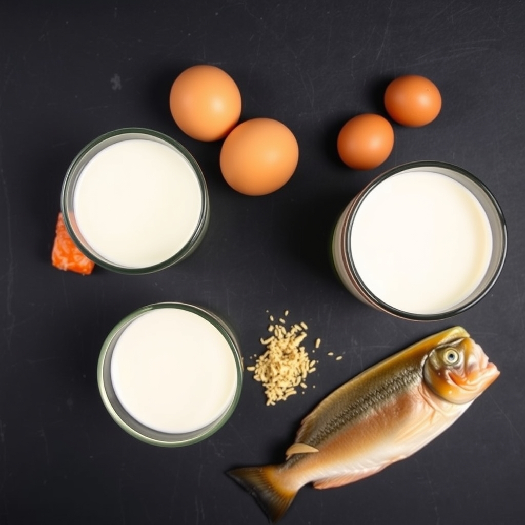 do I need supplements — Overhead flat-lay of vitamin D and B12 rich foods: salmon, eggs, oat milk, nutritional yeast, and mackerel on dark slate.