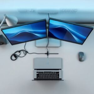 docking station for MacBook — Laptop docking station setup with dual external monitors, organized cables, and minimal desk workspace.