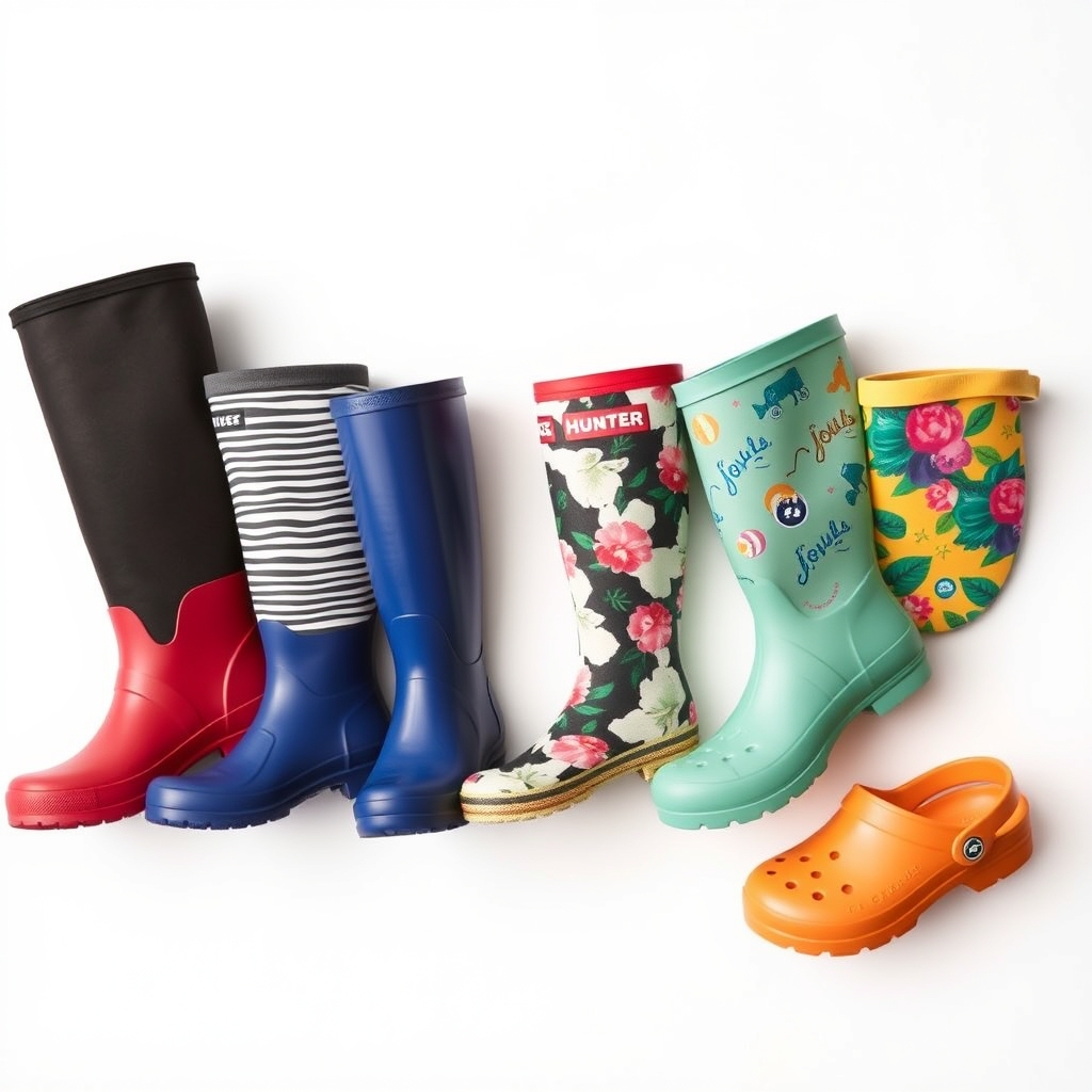 durable kids rain boots — Five children's rain boots displayed in a row showing different brands, styles, and price tiers.