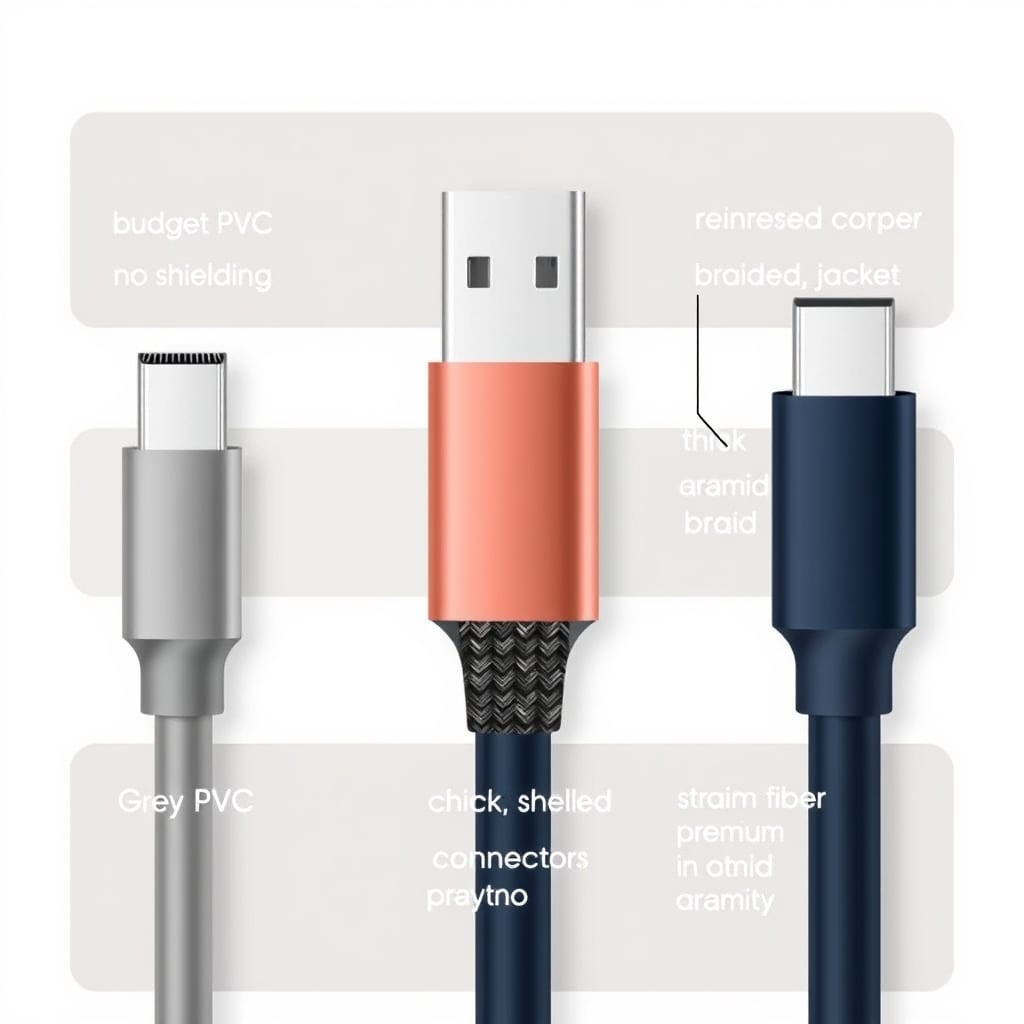 durable USB-C cable — Side-by-side cross-section comparison of budget, mid-tier, and premium USB-C cable internal construction.