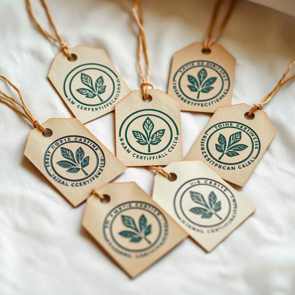 eco-friendly cosmetics — Five abstract certification seal hang-tags on kraft paper arranged in an arc on linen, representing third-party sustainable beauty standards
