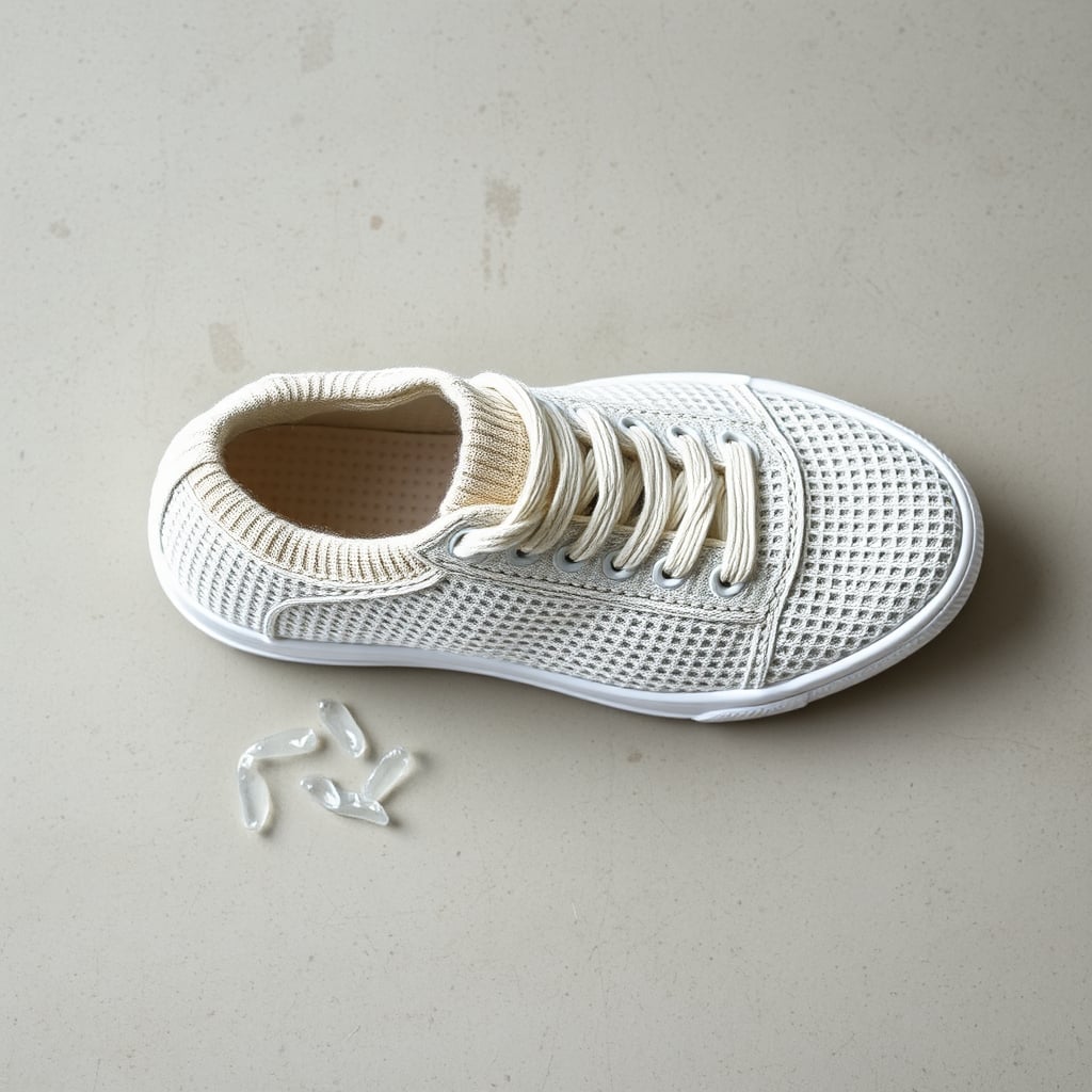 eco-friendly sneaker brands — Close-up of a recycled knit sneaker upper showing interlocked yarn texture beside small fragments of recycled plastic bottle material