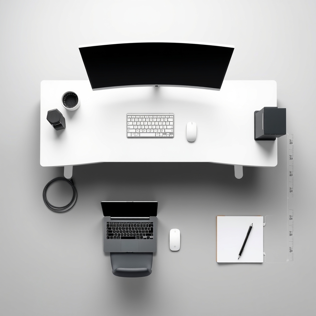 electric standing desk — Overhead view of a 55-inch standing desk surface with monitor, laptop, keyboard, and mouse showing real workspace layout