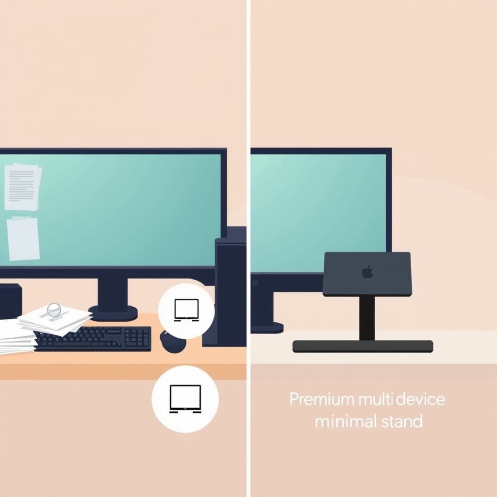 ergonomic phone stand — Visual comparison of desk space constraints: crowded workspace versus minimal setup, illustrating different stand footprint needs.