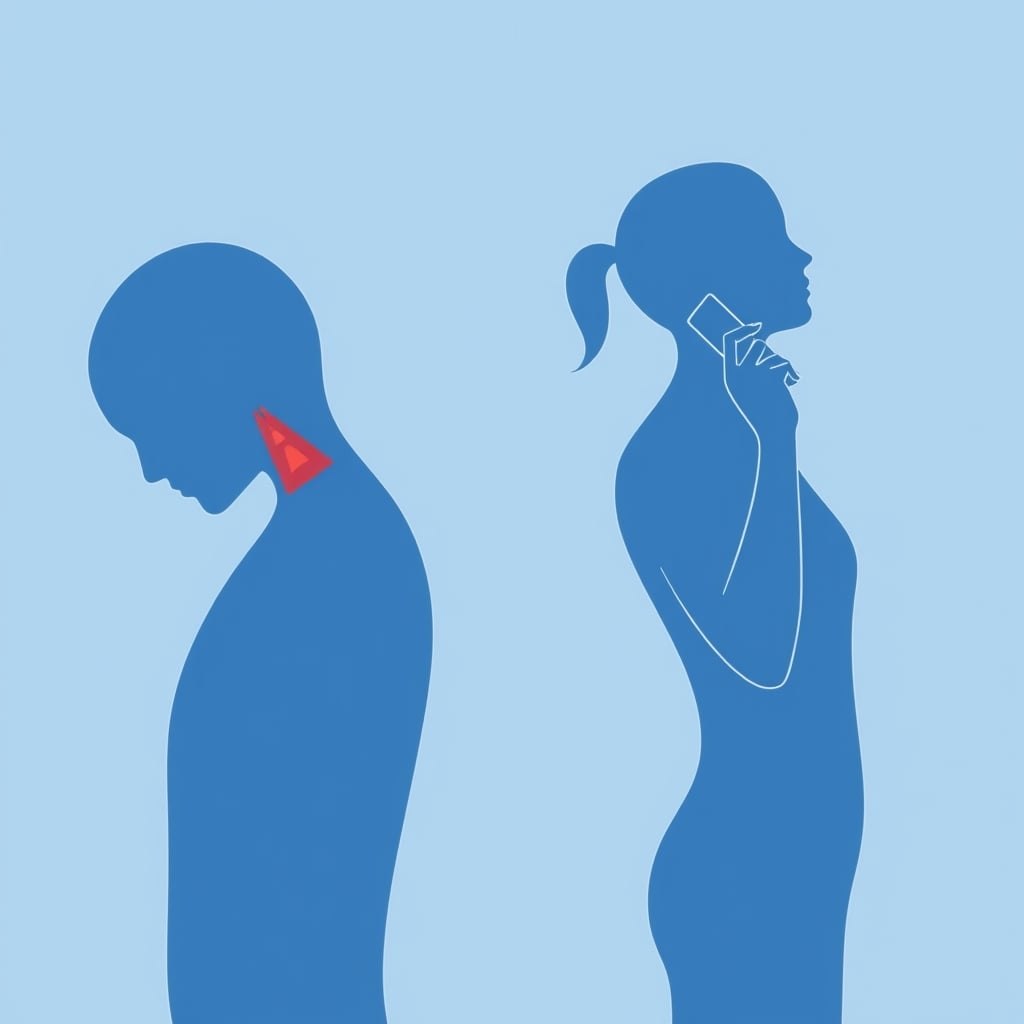 ergonomic screen height — Two silhouettes comparing poor downward head posture versus correct neutral neck alignment with proper phone positioning.