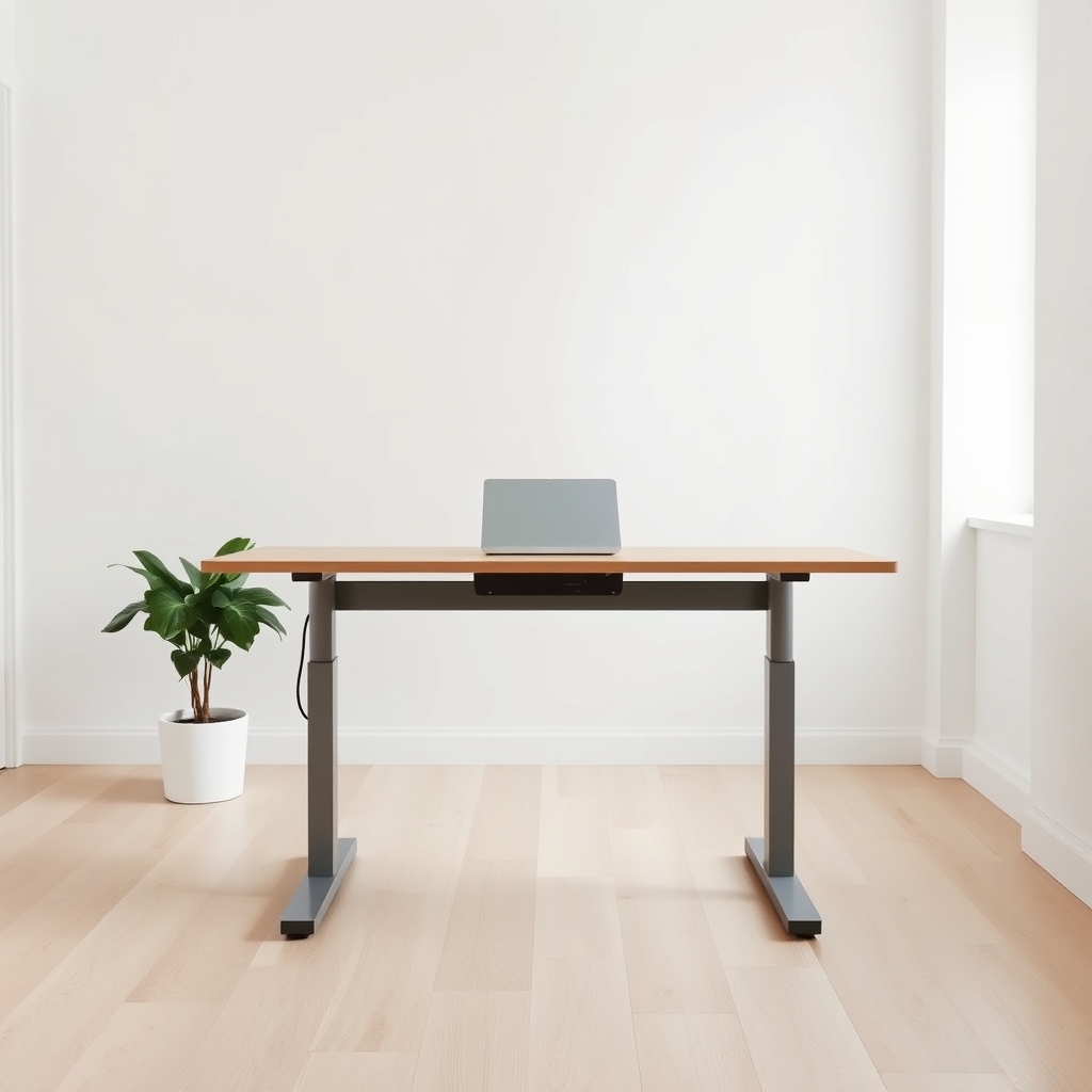 ergonomic standing desk — A minimal cable-free gas-spring standing desk in a quiet Scandinavian home office with white walls and oak flooring