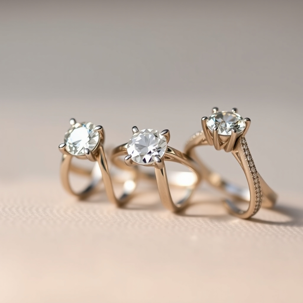ethical engagement rings — Three engagement rings displayed side-by-side showing a traditional diamond, lab-grown diamond, and moissanite stone.