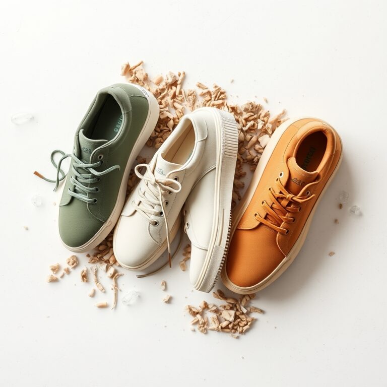 ethical sneaker brands — Three pairs of eco-friendly minimalist sneakers in earth tones displayed beside recycled plastic and natural fiber materials