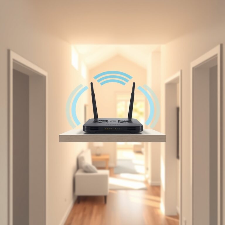 extend WiFi coverage — WiFi router positioned on a wall shelf in a central hallway with signal waves radiating throughout a modern home interior.