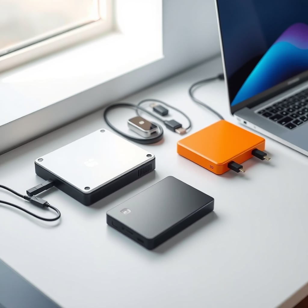 external hard drive reviews — External hard drives in various sizes and colors arranged on a clean desk with a laptop, showing storage and backup setup.
