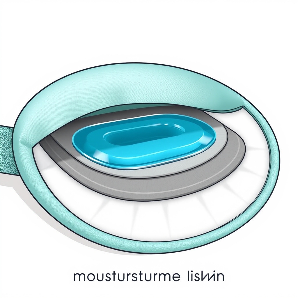 eye mask migraine relief — Cross-section diagram of weighted eye mask layers showing silk exterior, cooling gel, and moisture-wicking lining.