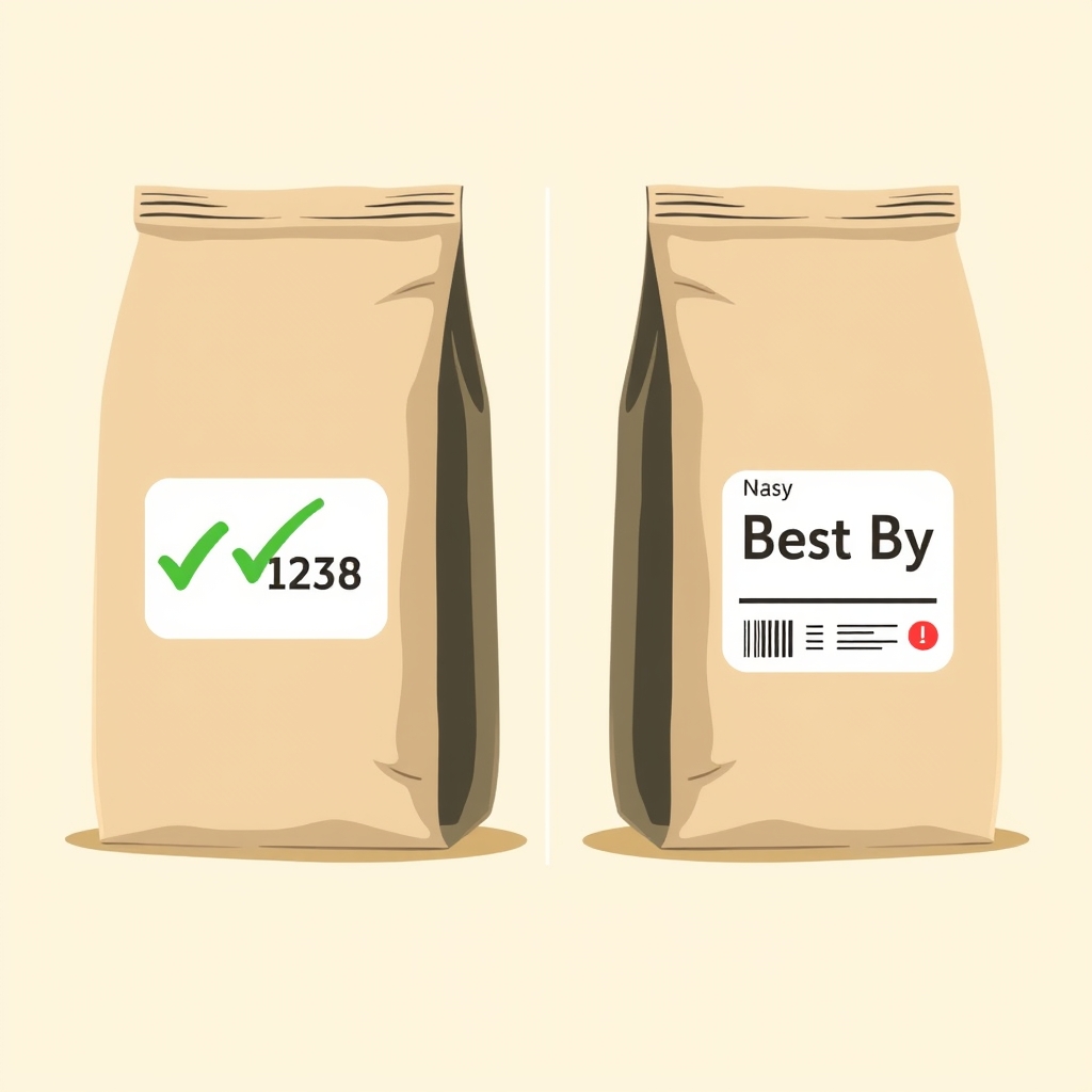 fair trade coffee brands — Split illustration comparing a coffee bag with a printed roast date on the left to one showing only a Best By date on the right.