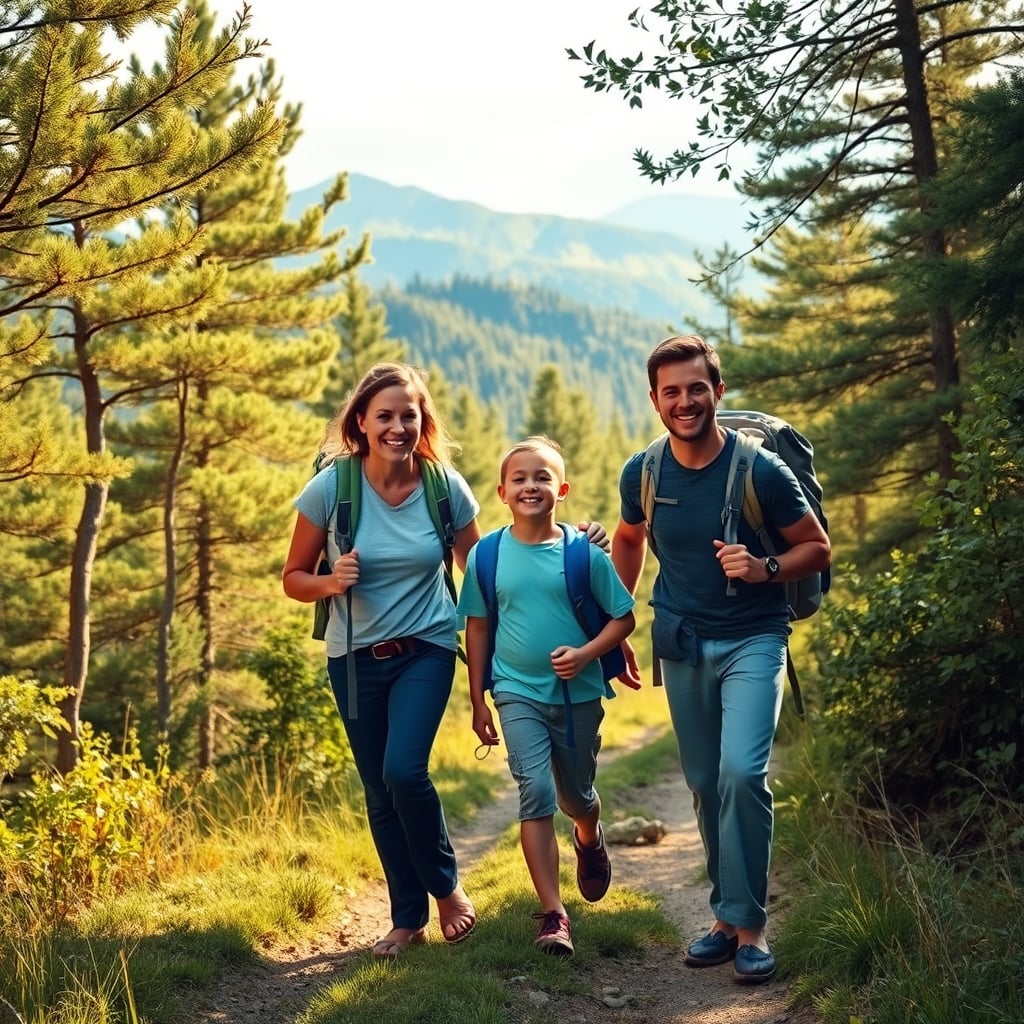 family trip planning — Family of four hiking a forested mountain trail in warm golden afternoon light, carrying backpacks