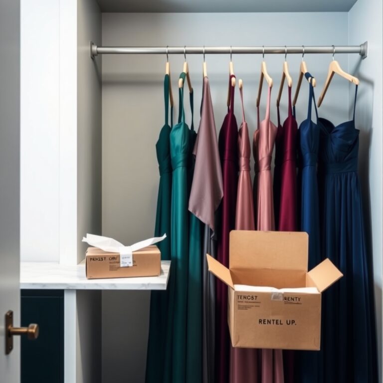 fashion subscription services — Curated rack of designer event dresses in jewel tones beside an open shipping box on a marble shelf.