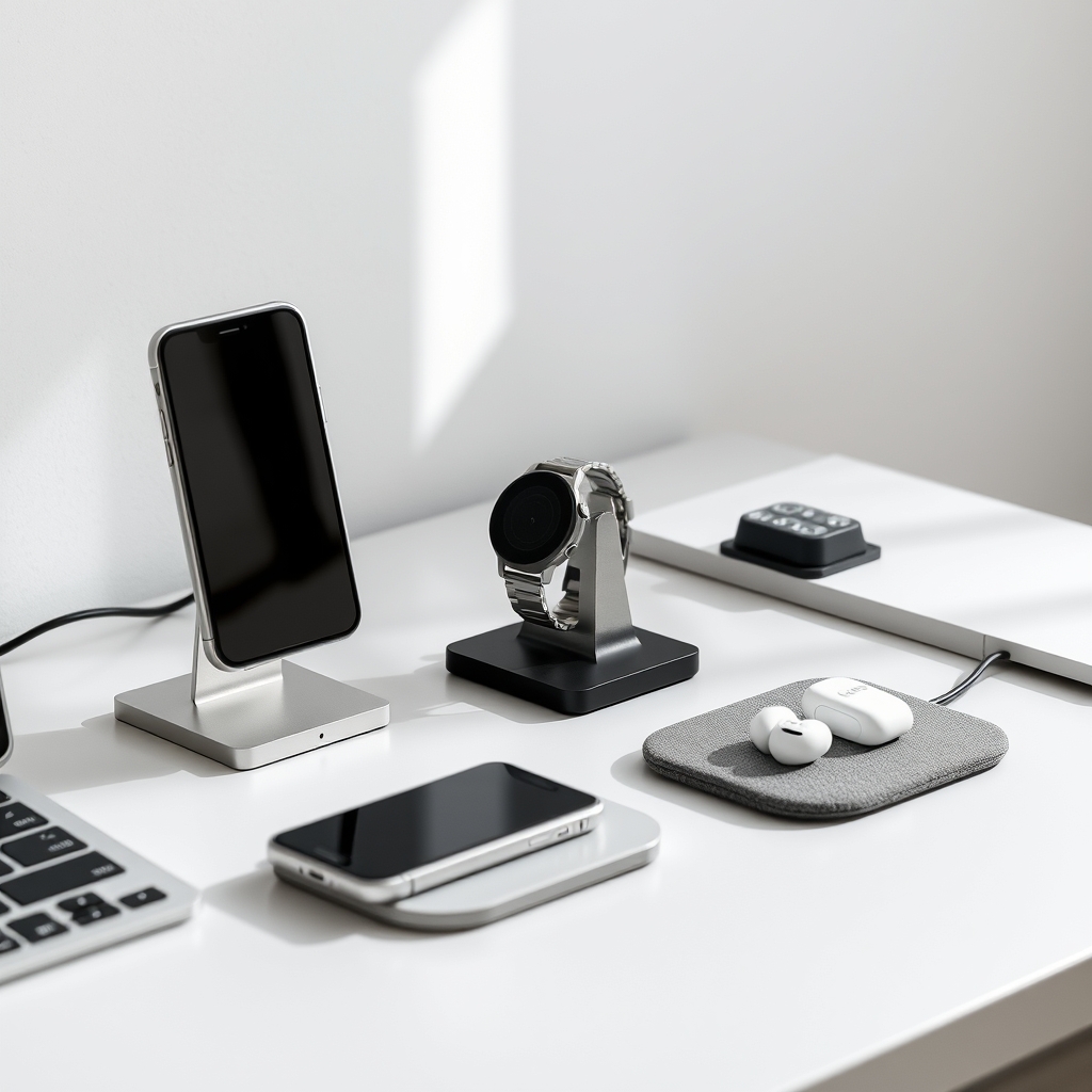 fast wireless charger — Minimalist desk with three wireless chargers of varying heights and designs arranged together.