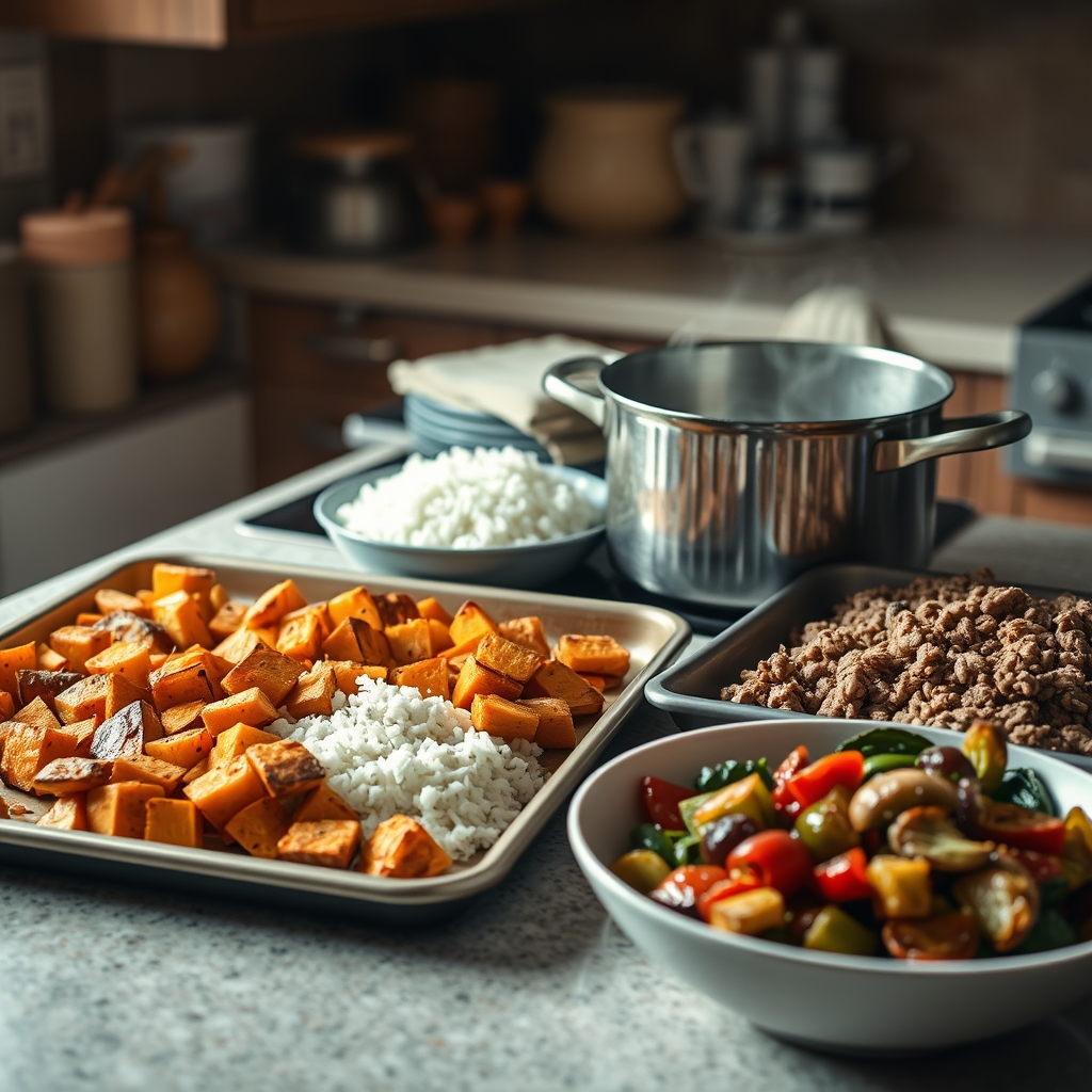fitness nutrition timing — Home kitchen counter with four freshly cooked meal prep components — sweet potato, rice, ground turkey, and roasted vegetables — ready to be portioned.