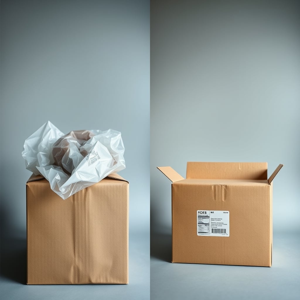 wellness boxes — fitness subscription boxes — Side-by-side comparison of excessive plastic-lined packaging versus clean recyclable subscription box packaging.