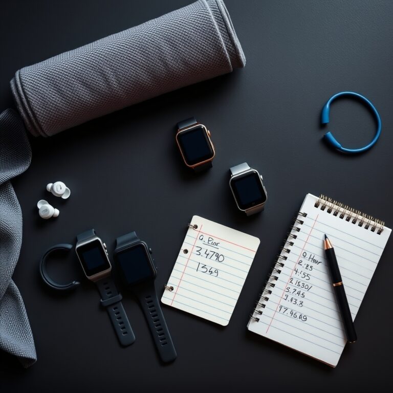 fitness tracker heart rate — Four fitness trackers arranged on a dark surface alongside gym accessories and a notebook showing heart rate notes.