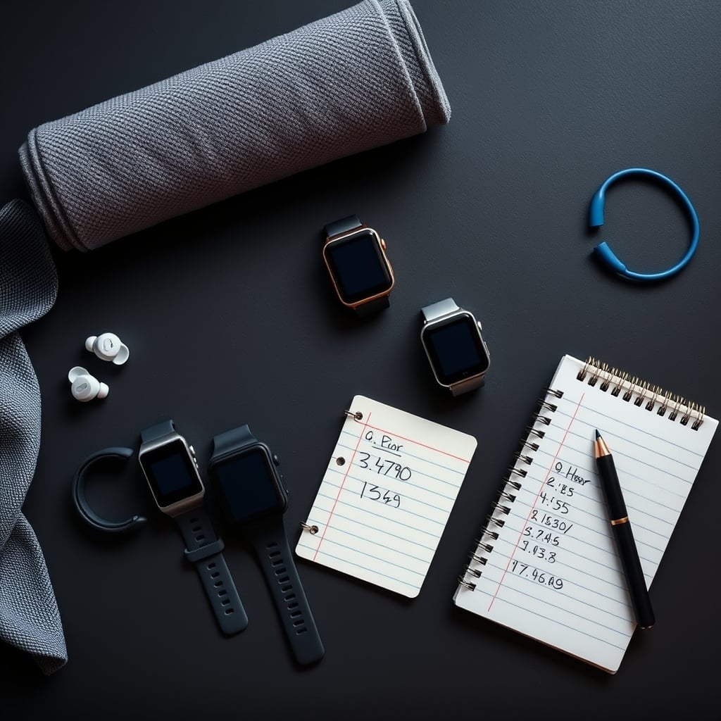 fitness tracker heart rate — Four fitness trackers arranged on a dark surface alongside gym accessories and a notebook showing heart rate notes.