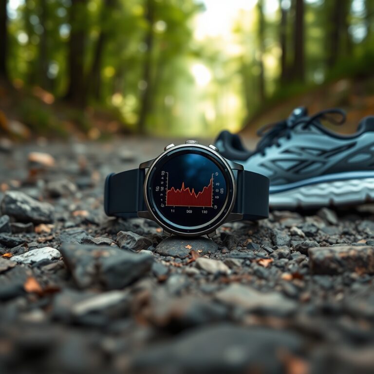 fitness watch battery life — Fitness smartwatch with glowing AMOLED display showing heart rate data resting on a rocky trail beside running shoes
