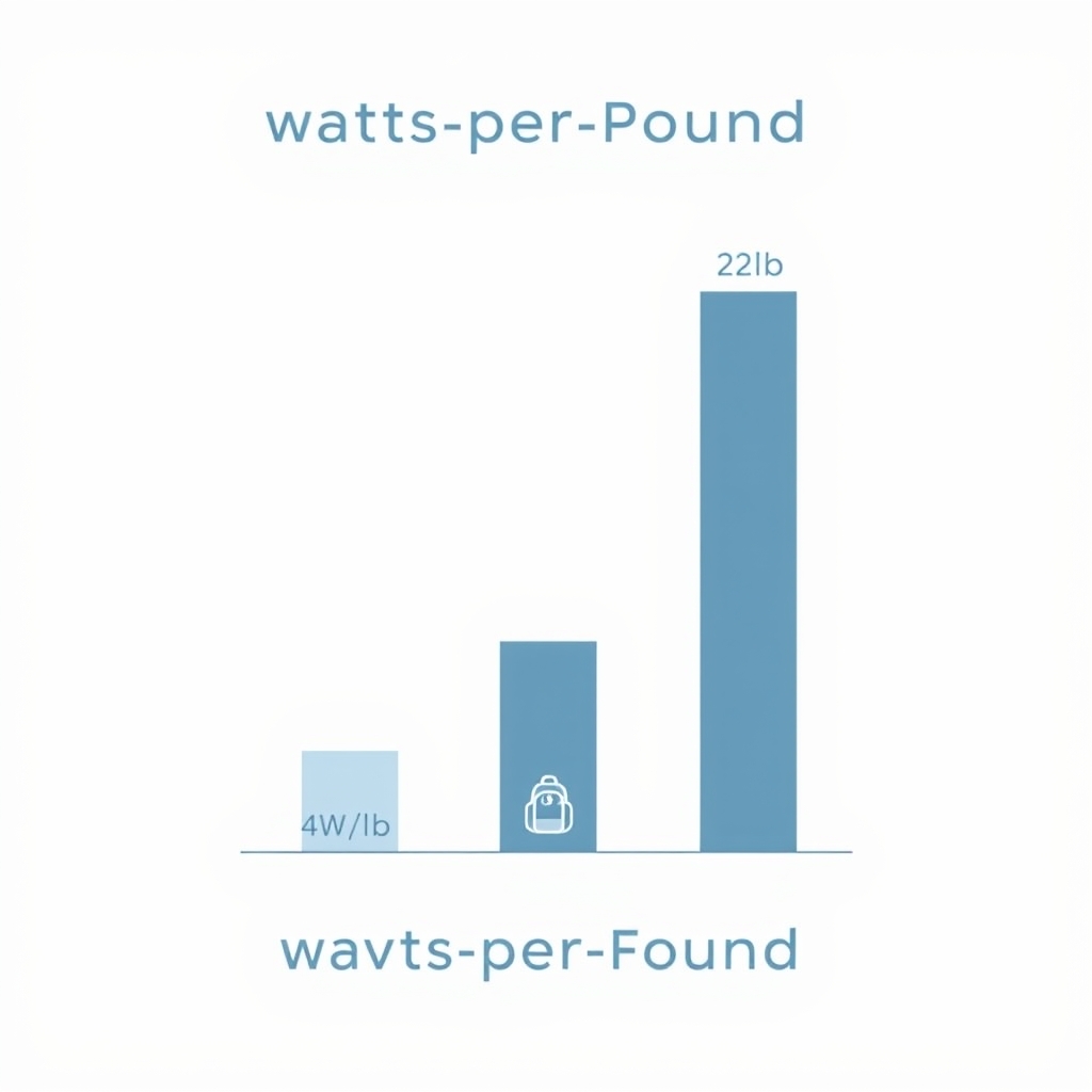 foldable solar panels for camping — Bar chart diagram comparing watts-per-pound ratios across three portable solar panel weight classes, with backpack icons.