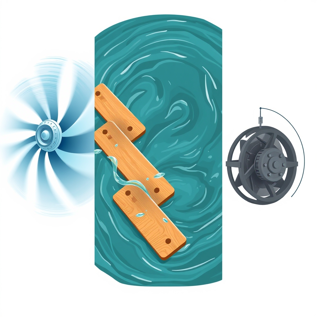 full-body rowing machine — Three-panel illustration comparing air fan wheel, water paddle resistance, and magnetic flywheel mechanisms side by side.