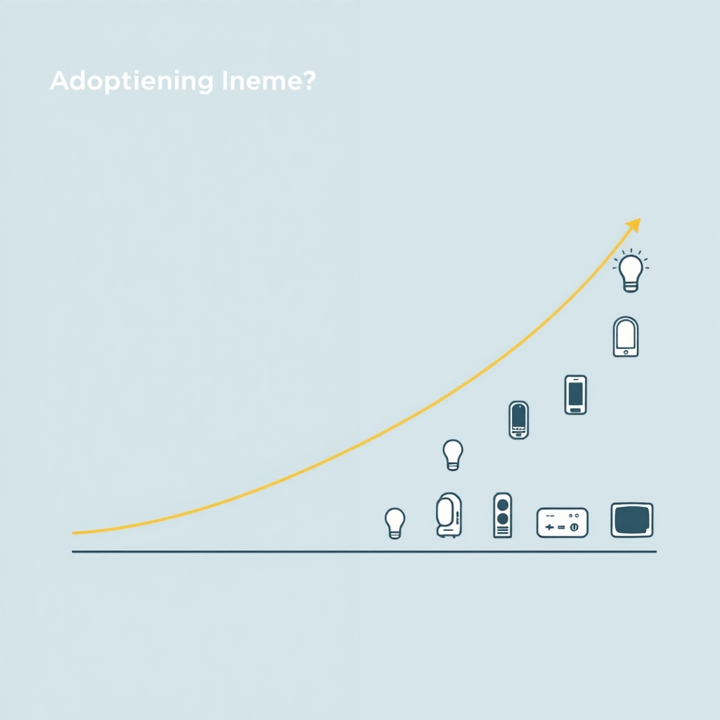 gadget trends 2026 — Chart showing smart home adoption curve that rises steeply then plateaus, with device icons decreasing in visual prominence across the curve.