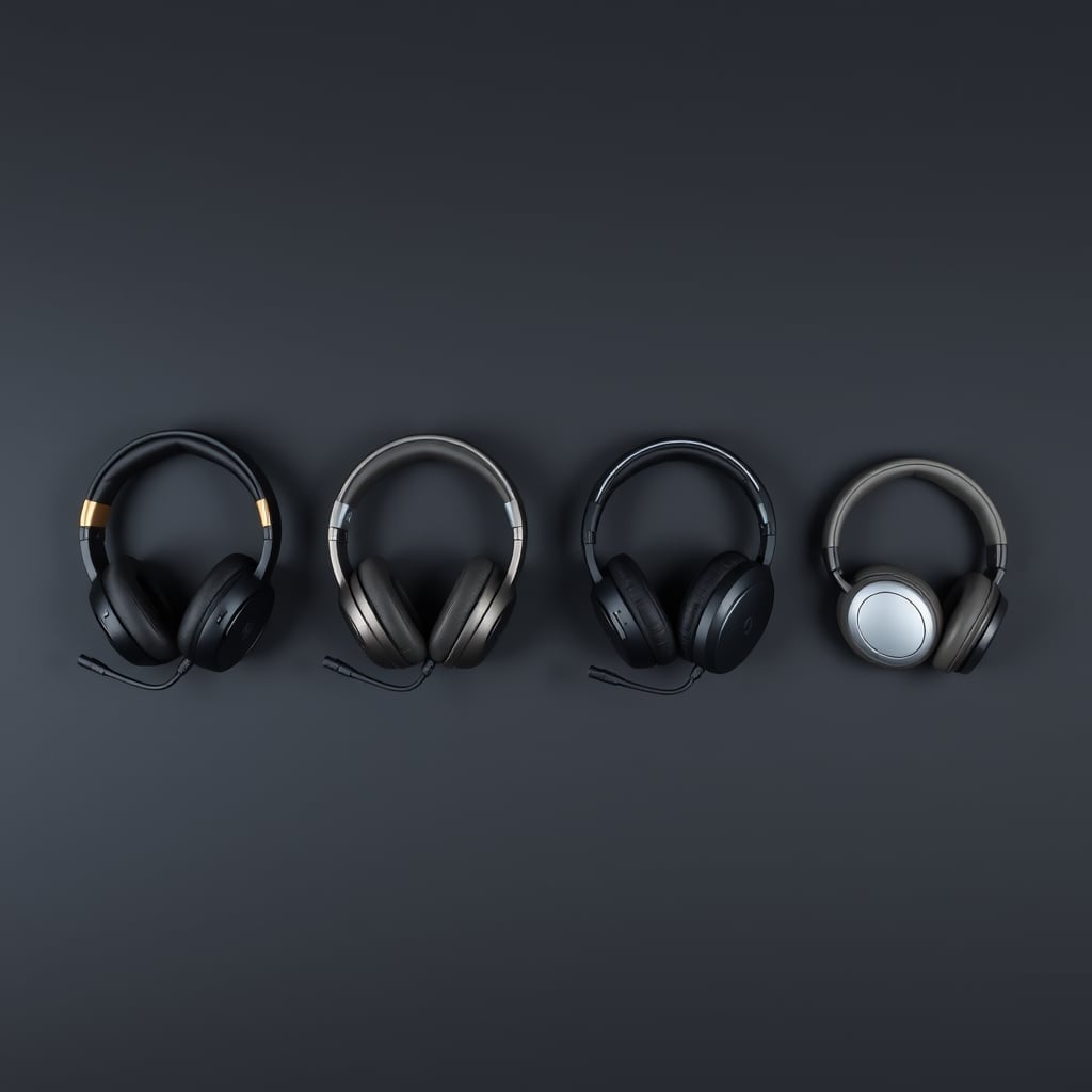 gaming headset microphone quality — Four wireless gaming headsets arranged side by side in a row on a dark surface under clean studio lighting for comparison.