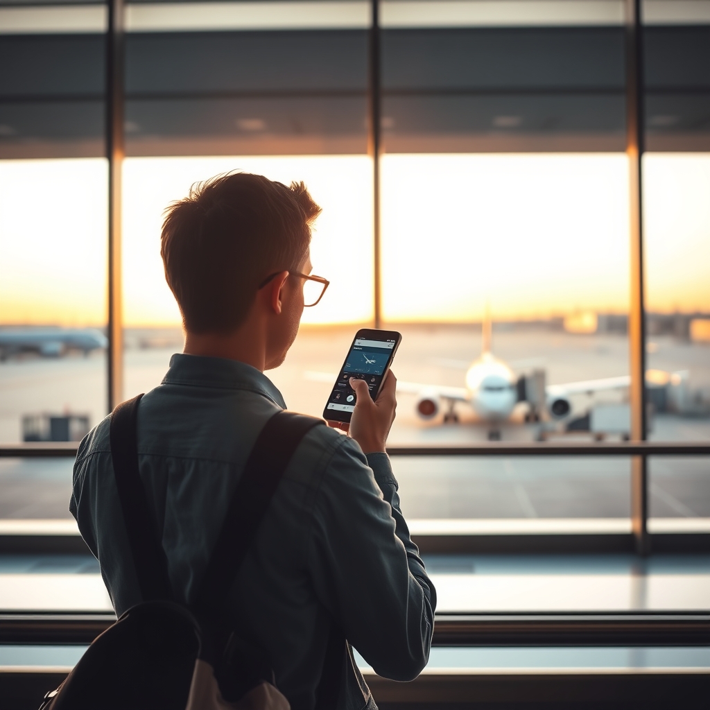 google flights vs skyscanner price — Traveler at an airport gate scrolling a flight comparison app on a smartphone with an aircraft visible through large windows.