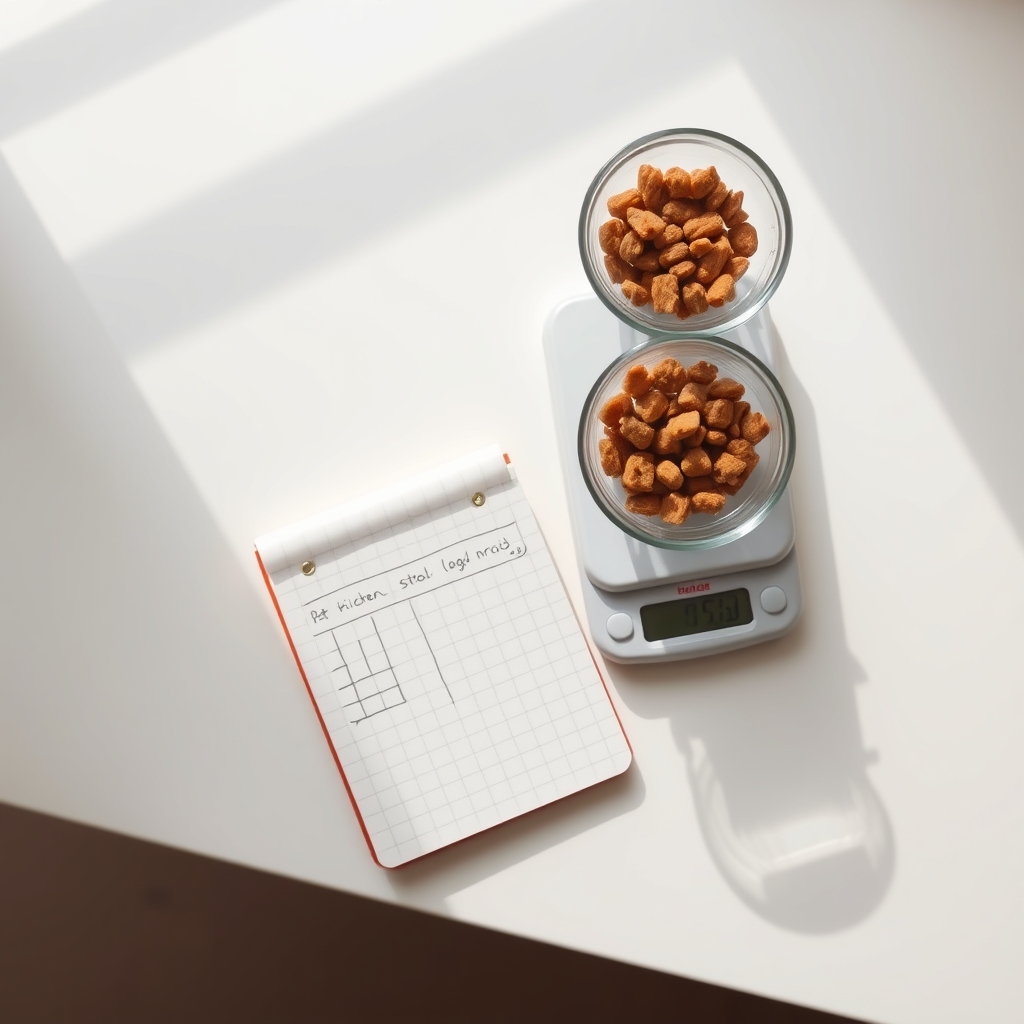 gradual diet change pets — Kitchen scale with two kibble portions in glass bowls beside an open notebook used to log a pet food transition.
