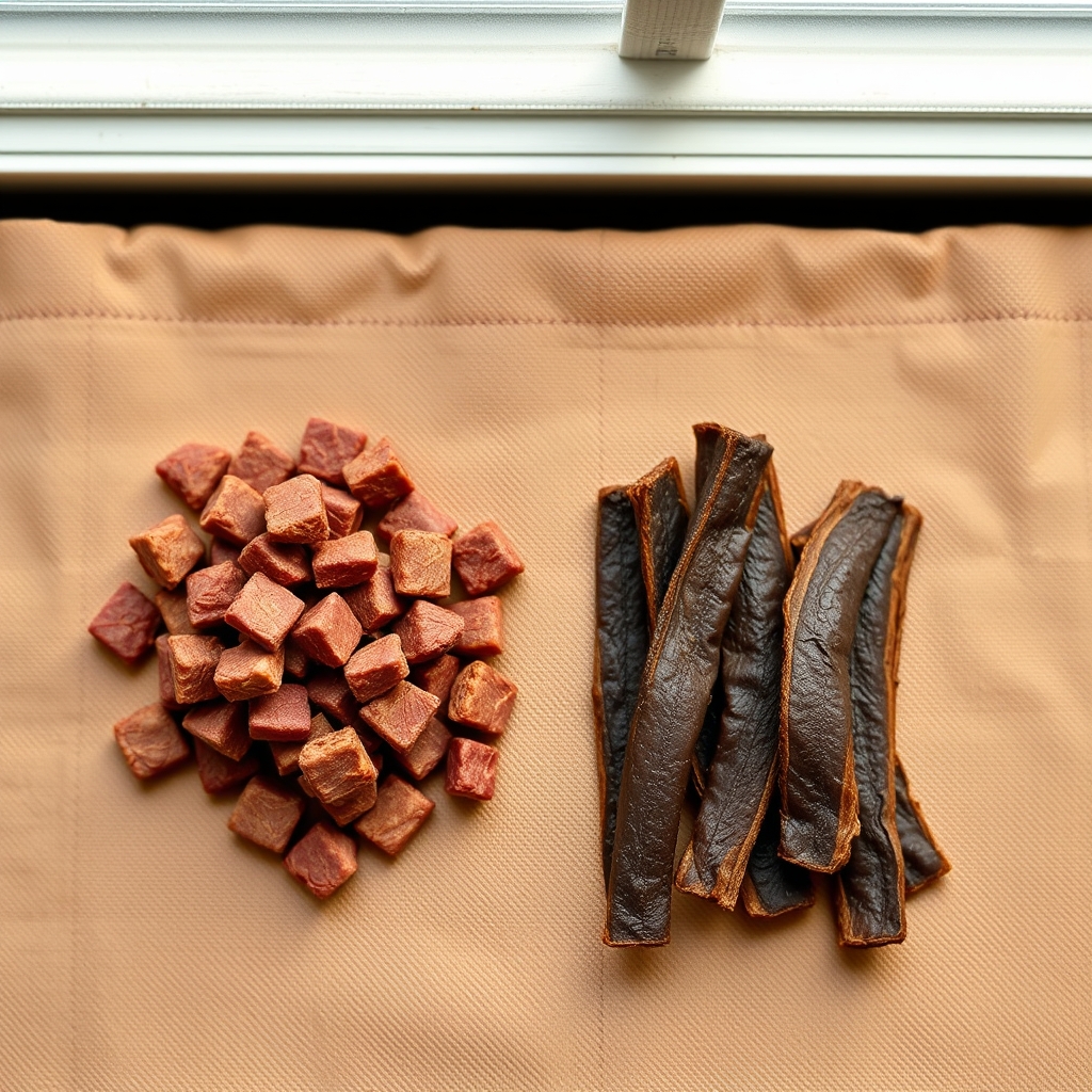 grain-free cat treats — Side-by-side comparison of freeze-dried crunchy pet treat pieces and darker, chewier air-dried meat strips on linen.