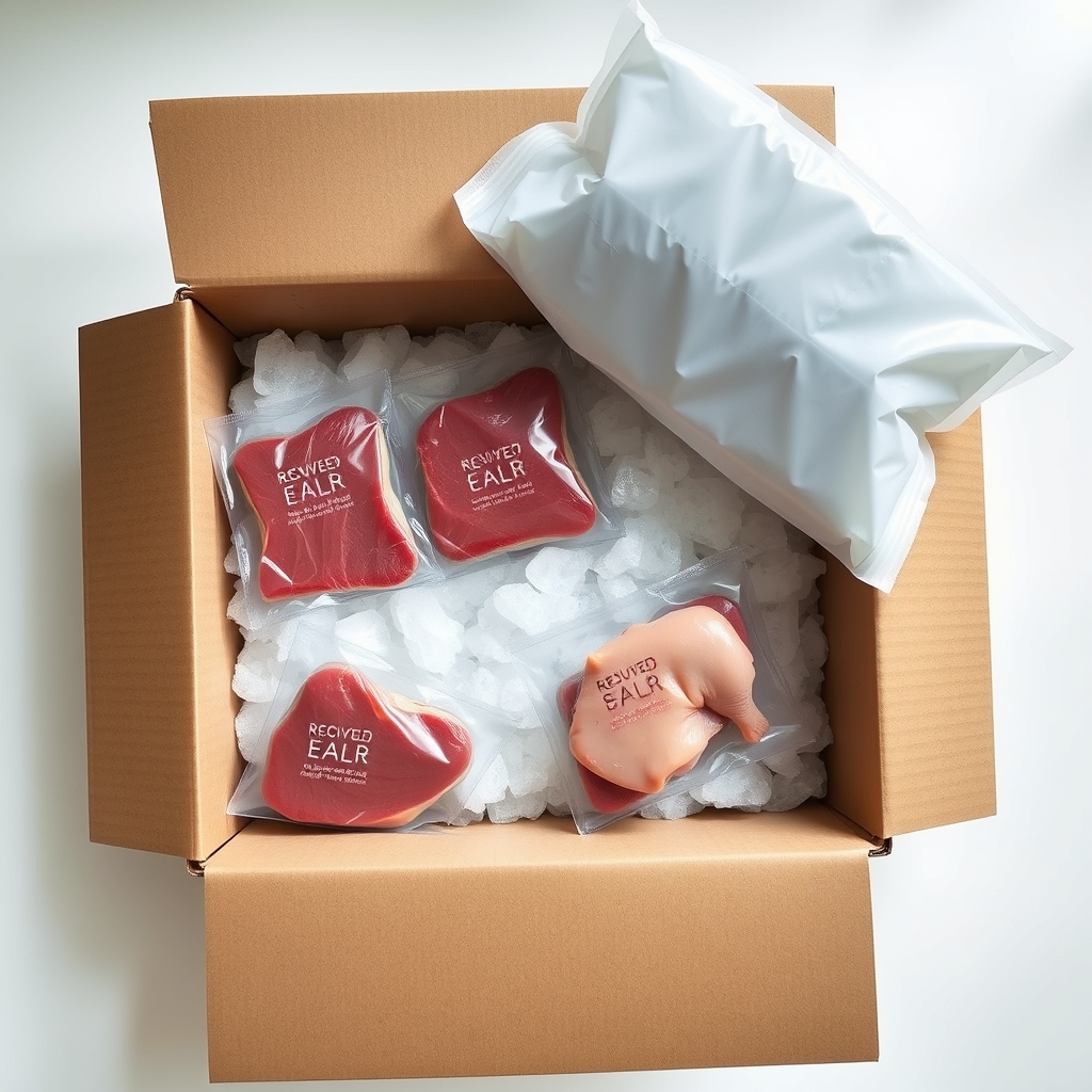 grass fed beef subscription — Overhead view of an open insulated meat delivery box with vacuum-sealed packages, dry ice, and a recyclable gel pack on a white counter.
