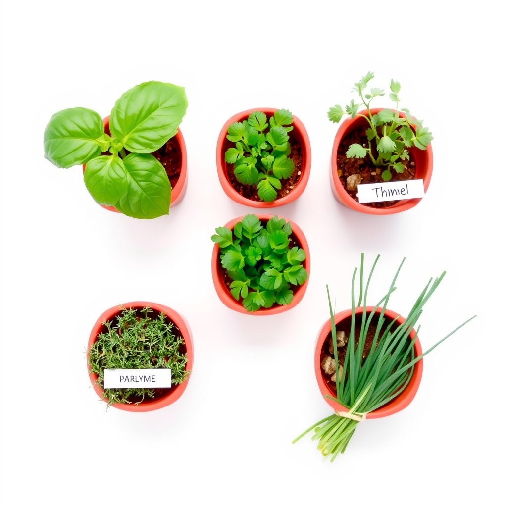 grow herbs indoors — Six potted culinary herbs basil mint parsley thyme oregano and chives arranged in a grid for visual reference
