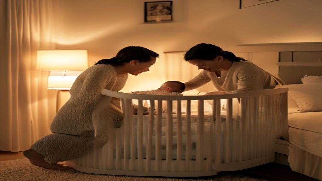 HALO bassinet safety — Parent reaching into a modern swivel bassinet positioned beside their bed in warm nighttime lighting.