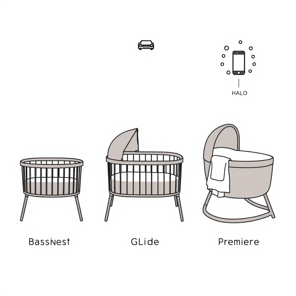 HALO vs traditional bassinet — HALO swivel bassinet — Three HALO bassinet models shown side-by-side, increasing in features from basic swivel to premium app-connected version.