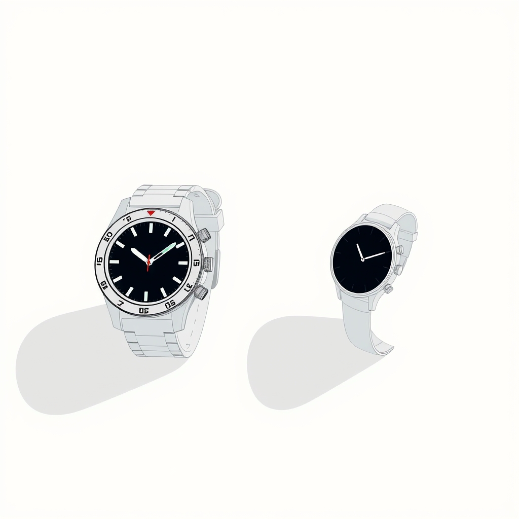 heart rate monitor watch — Editorial illustration comparing a large rugged fitness smartwatch silhouette beside a slim lightweight smartwatch on gray surface