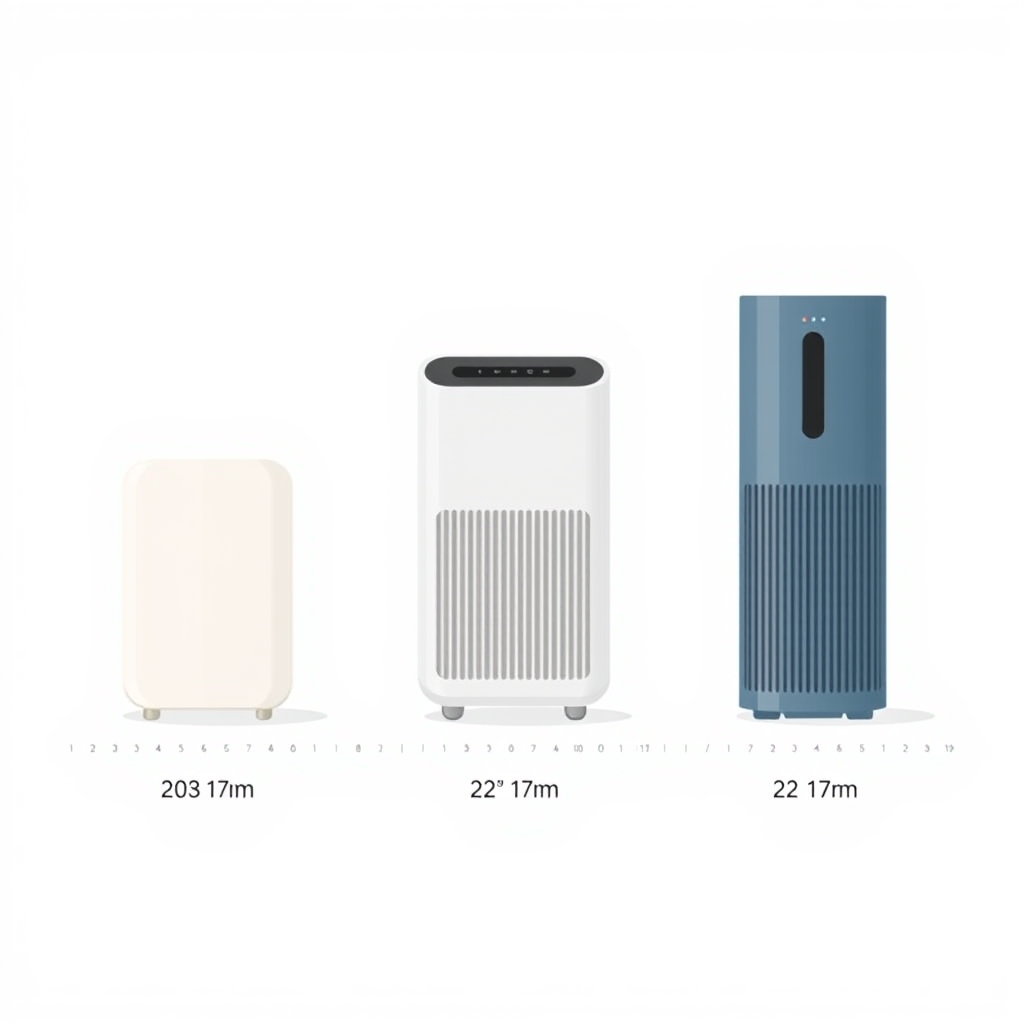 HEPA air purifier small room — Side-by-side size comparison illustration of three compact air purifiers at relative scale on a white background.