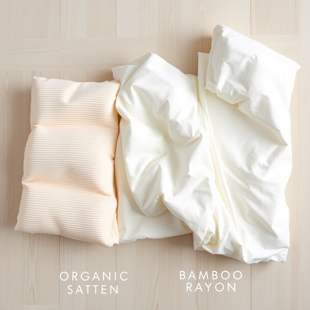 high fill power comforter — Three fabric swatches side by side showing organic cotton sateen, polyester microfiber, and bamboo rayon textures