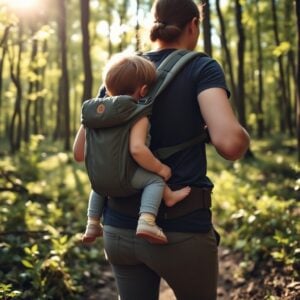hiking backpack baby carrier — Parent hiking a forest trail wearing a structured baby carrier backpack with a toddler, showing proper weight distribution and secure harness system.