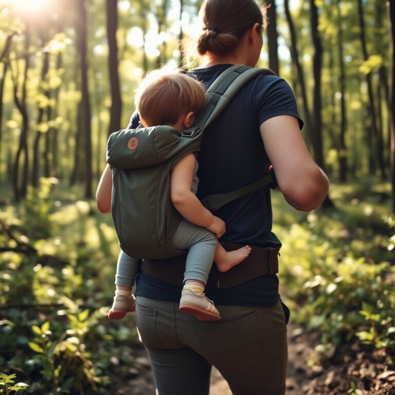hiking backpack baby carrier — Parent hiking a forest trail wearing a structured baby carrier backpack with a toddler, showing proper weight distribution and secure harness system.