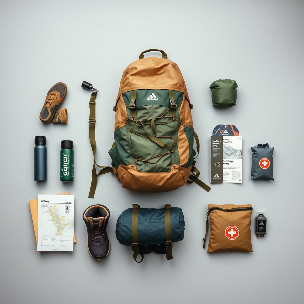 hiking gear for beginners — Overhead flat lay of beginner hiking essentials including a backpack, boots, sleeping bag, tent, water bottle, map, and first aid kit.
