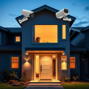 home camera privacy laws — Home exterior at dusk showing multiple security cameras mounted on walls and above doorway.