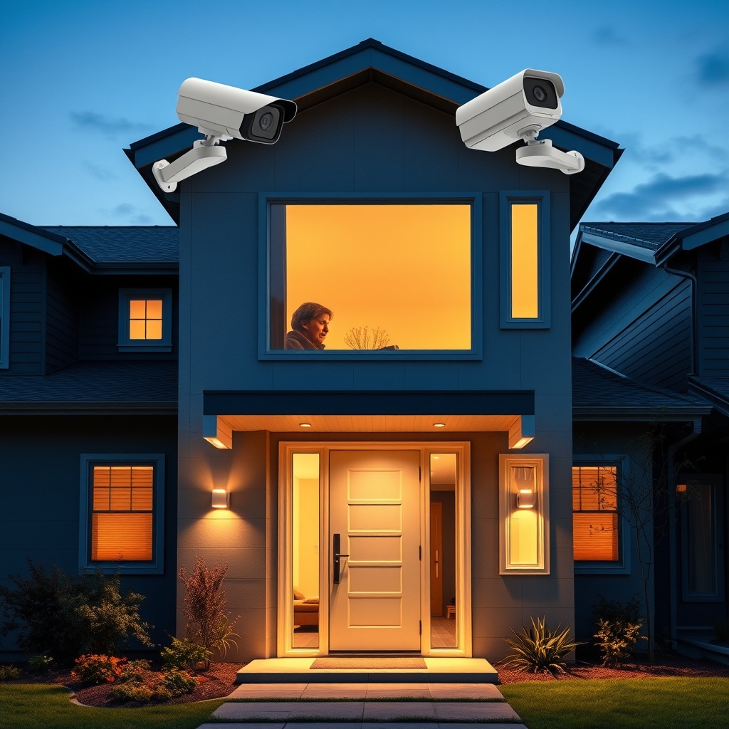 home camera privacy laws — Home exterior at dusk showing multiple security cameras mounted on walls and above doorway.