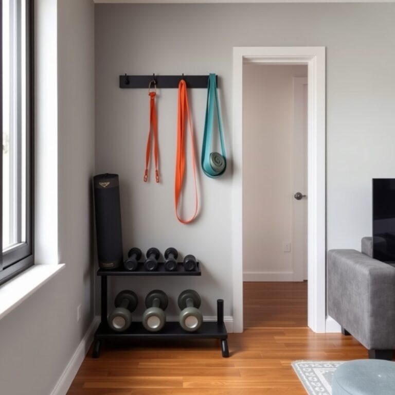home gym equipment under $500 — Compact apartment home gym corner with adjustable dumbbells, resistance bands, yoga mat, and doorway pull-up bar.
