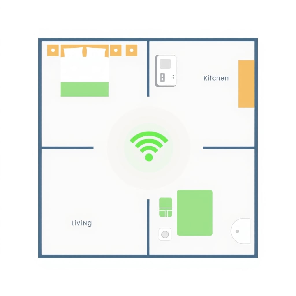 home network setup WiFi router placement — Floor plan showing optimal router placement in center hallway with signal coverage radiating to all four rooms.